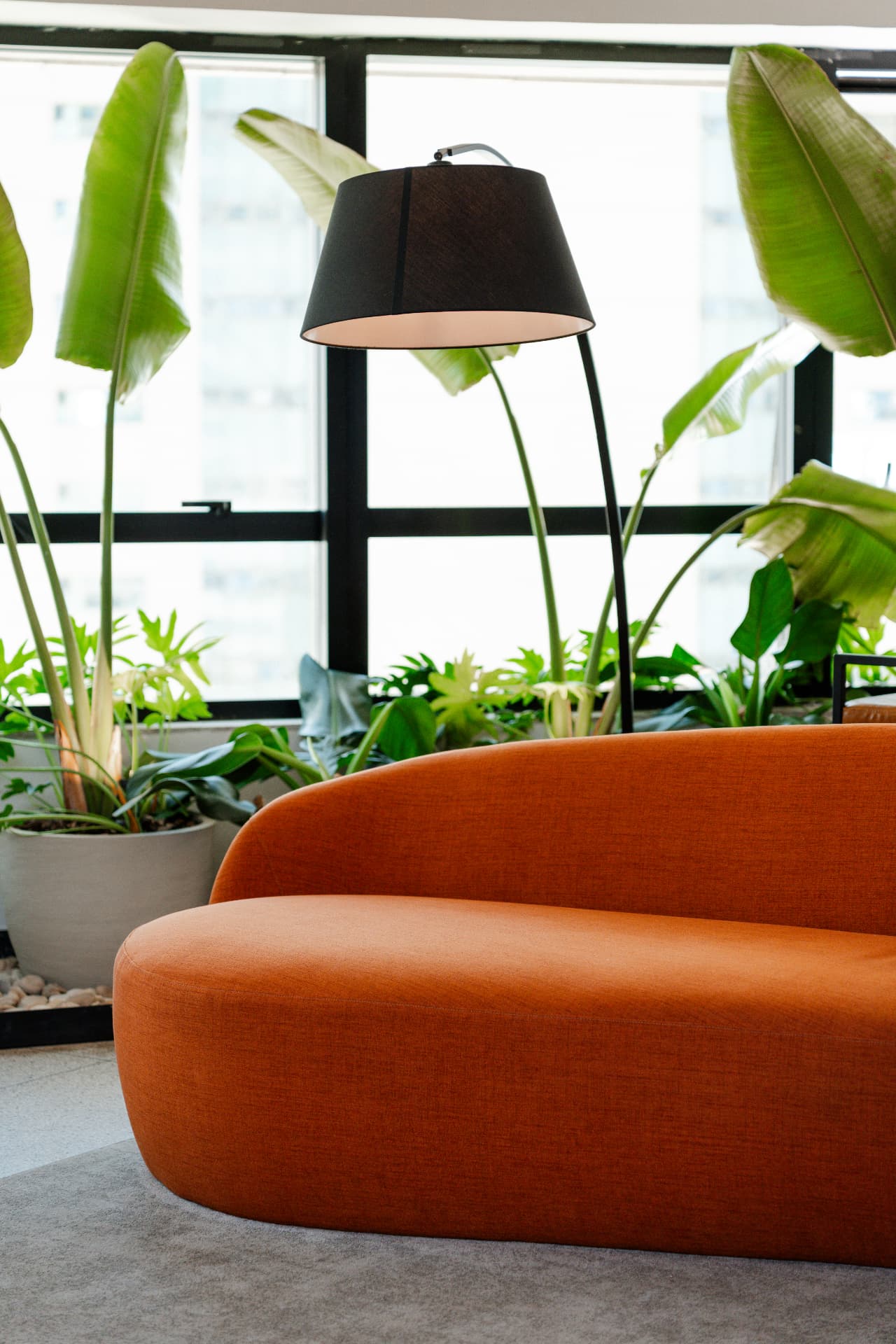 Detalhe do lounge da clínica, com luminária e plantas junto à janela